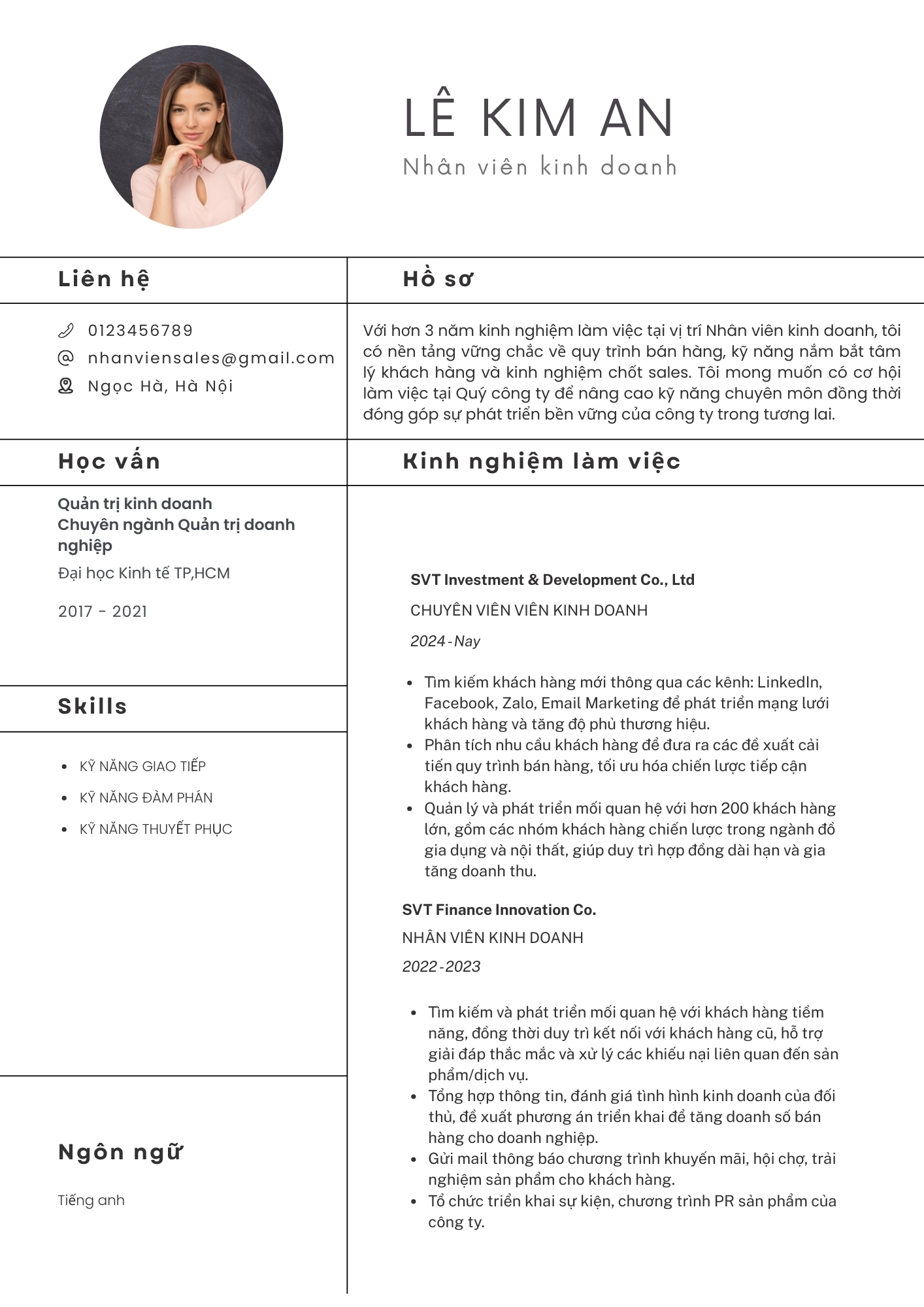 Mẫu CV xin việc nhân viên Sales 5
