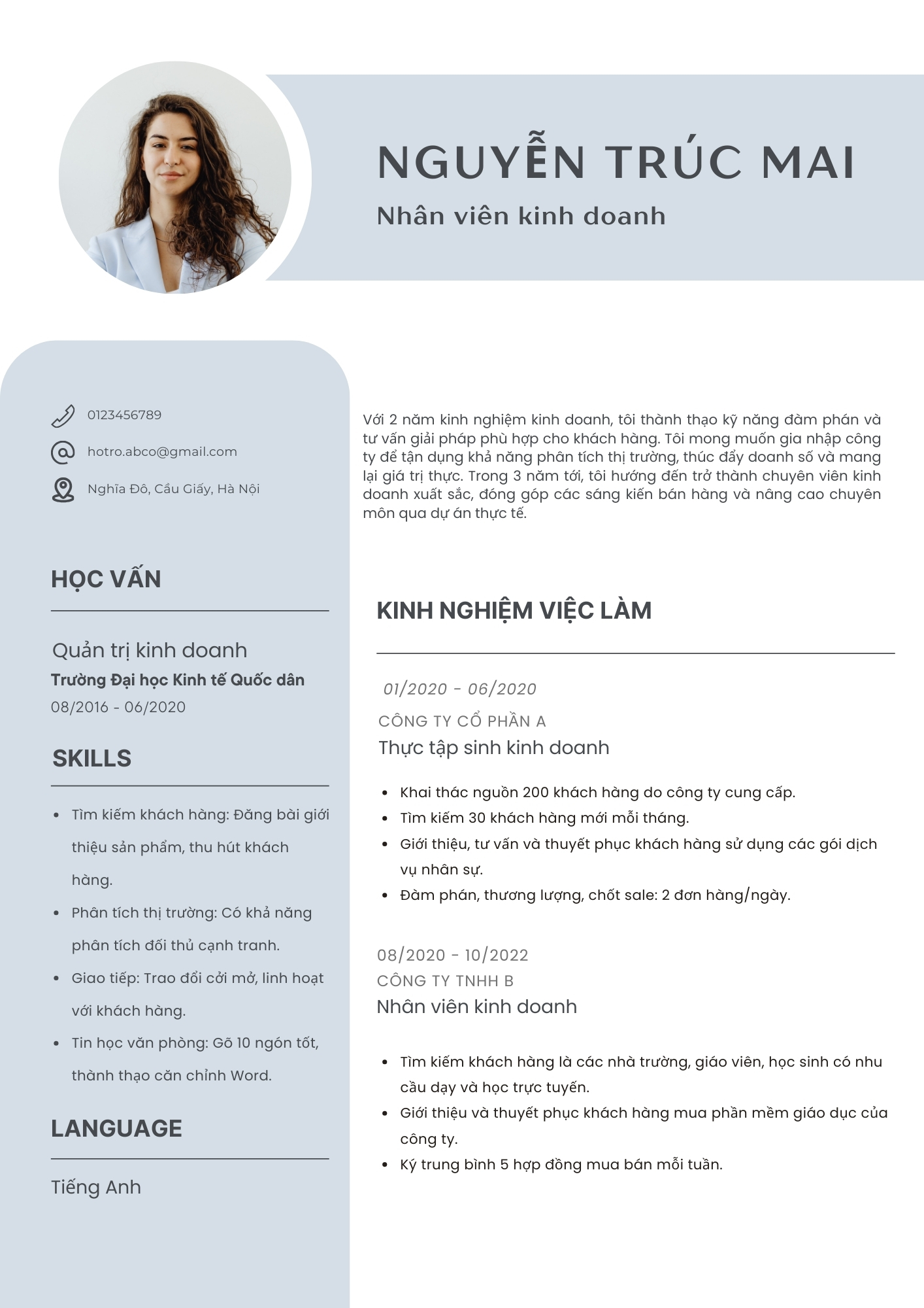 Mẫu CV xin việc nhân viên Sales 1 