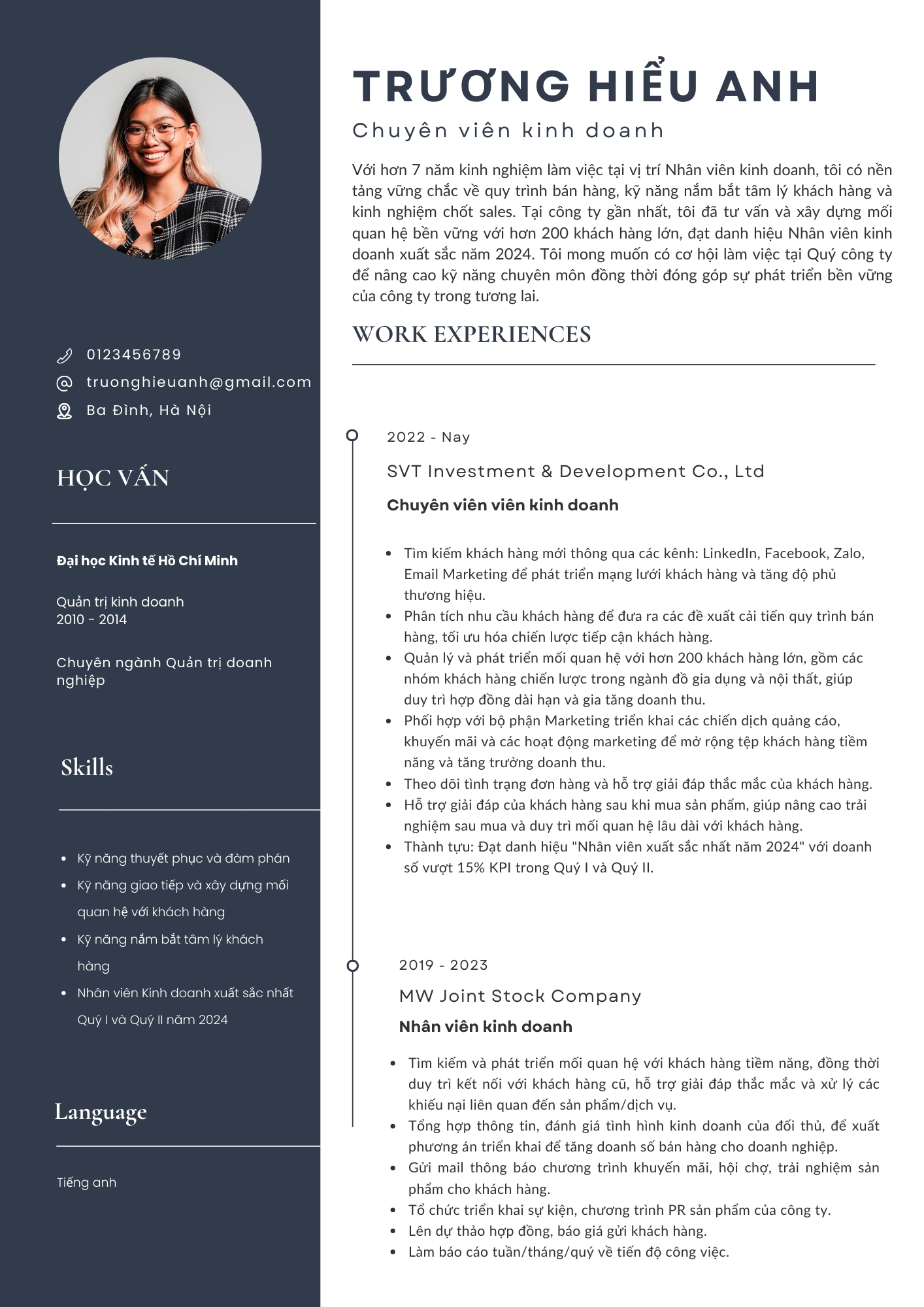 Mẫu CV xin việc nhân viên Sales 2