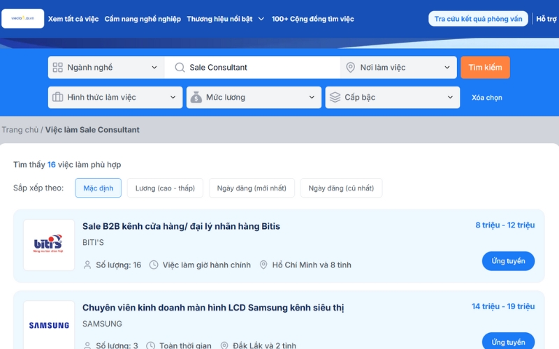 Ứng tuyển các vị trí Sale Consultant thu nhập hấp dẫn, nhanh chóng trên Vieclam.ai.vn