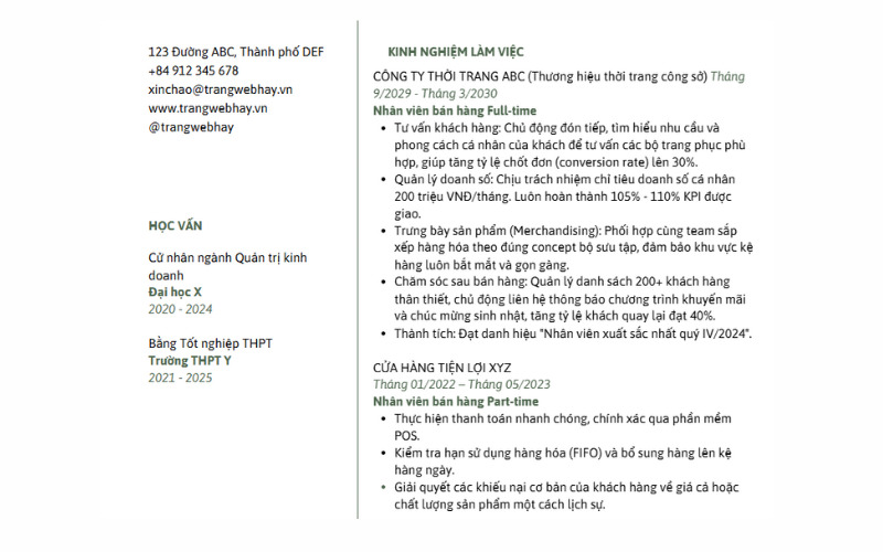 Mẫu ví dụ cho vị trí Sales