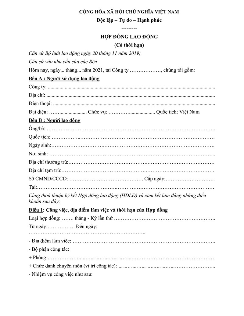 Mẫu hợp đồng lao động có thời hạn