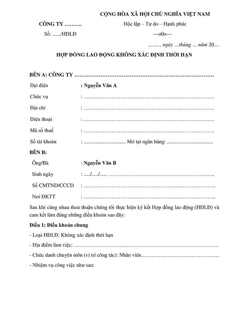 Mẫu hợp đồng lao động không thời hạn