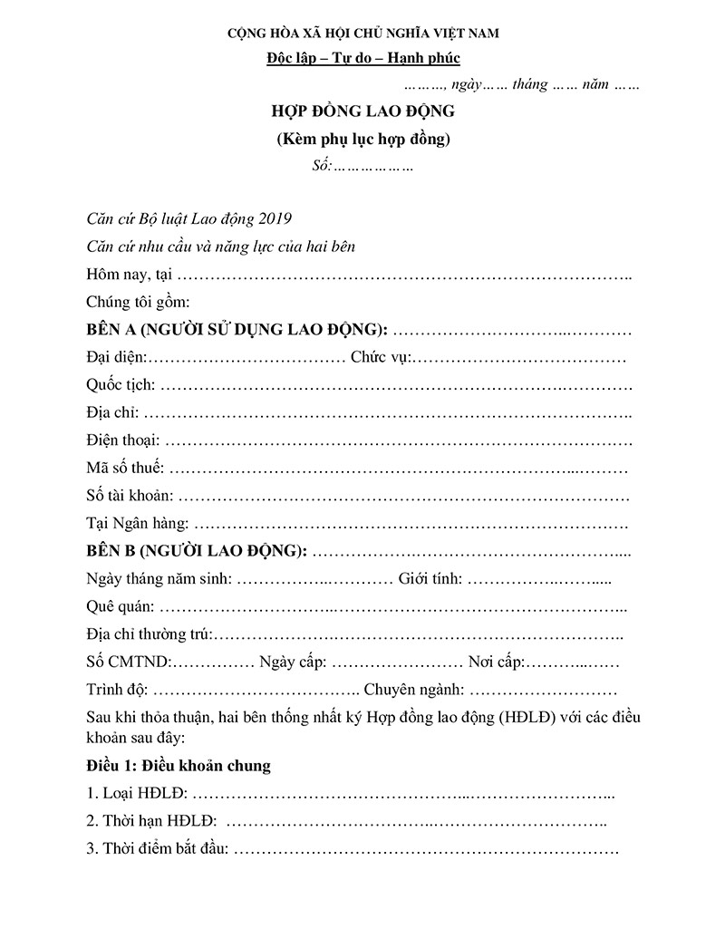 Mẫu hợp đồng lao động kèm phụ lục