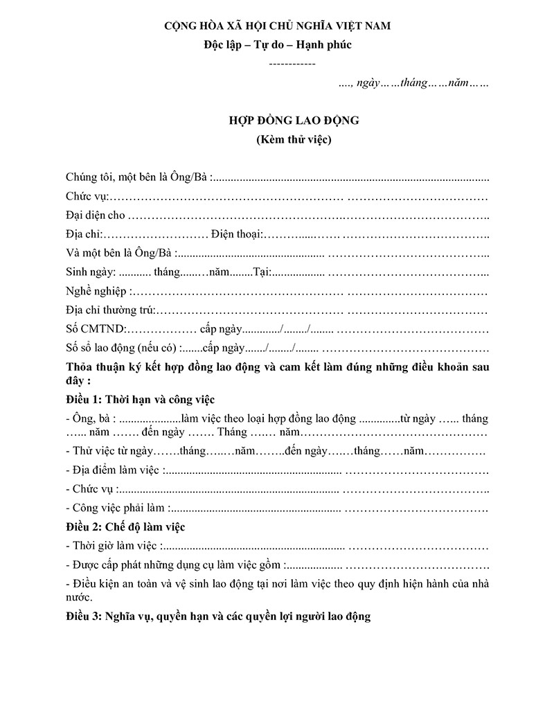Mẫu hợp đồng lao động kèm thử việc