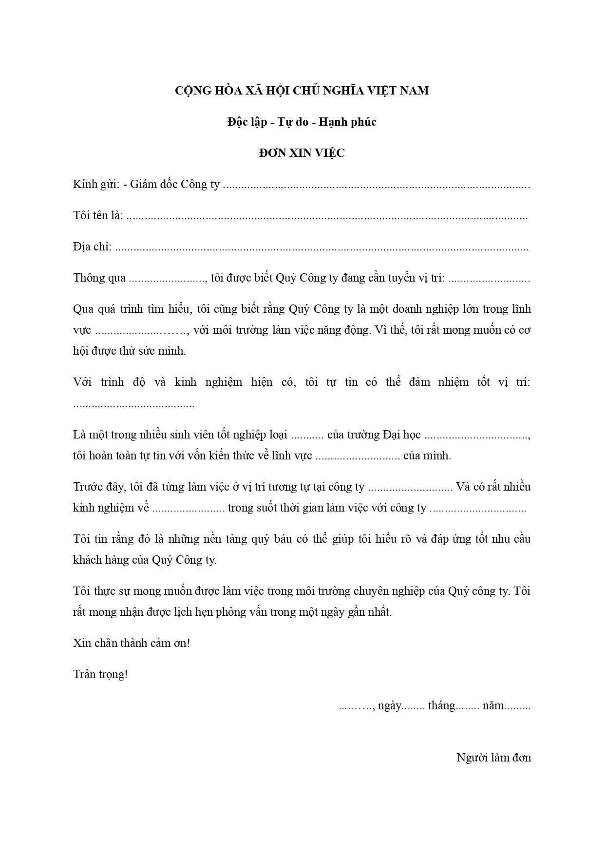 Mẫu đơn xin việc chung phù hợp cho nhiều vị trí và hình thức ứng tuyển khác nhau