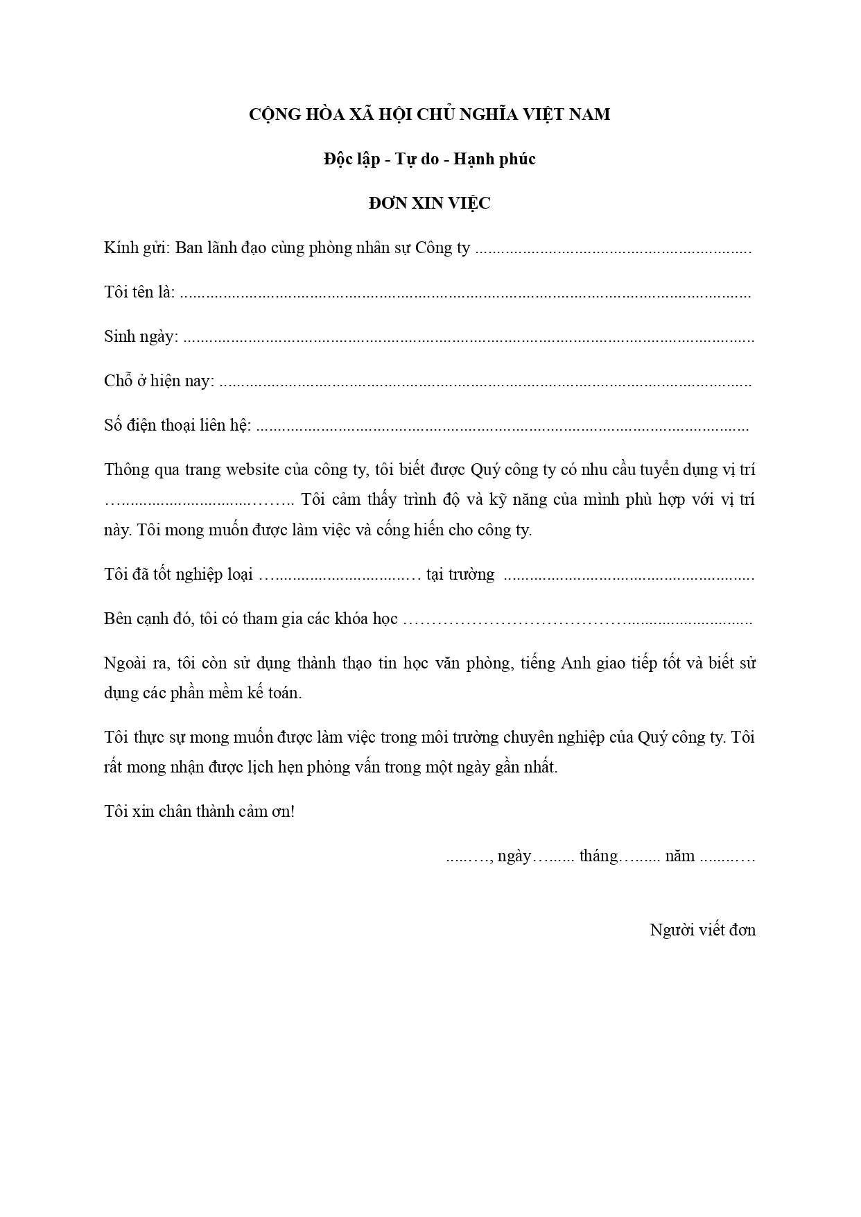 Mẫu đơn xin việc viết tay đơn giản, dễ sử dụng cho người mới