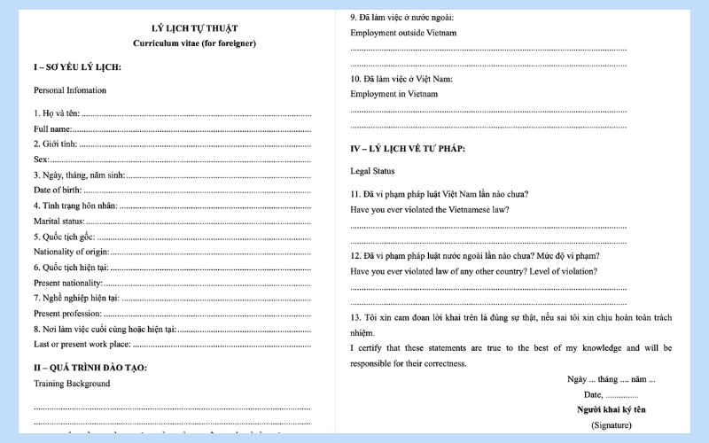 Mẫu sơ yếu lý lịch song ngữ Anh - Việt phù hợp khi ứng tuyển công ty nước ngoài