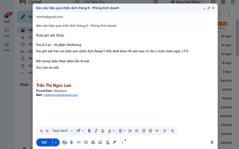 Nội dung email nên súc tích, chia đoạn hợp lý để người đọc dễ theo dõi 